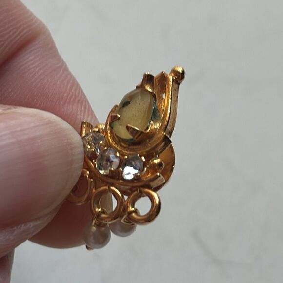 Gold tone citrus yellow teardrop shaped faux pearl and rhinestone drop earrings - Picture 2 of 3